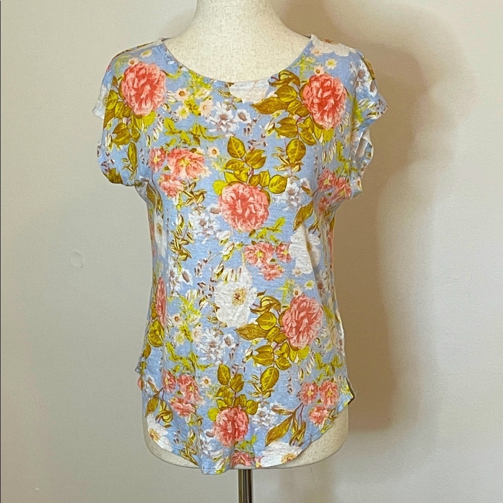 Joie 100% Linen Blue Floral Short Sleeve T-Shirt Top Size M